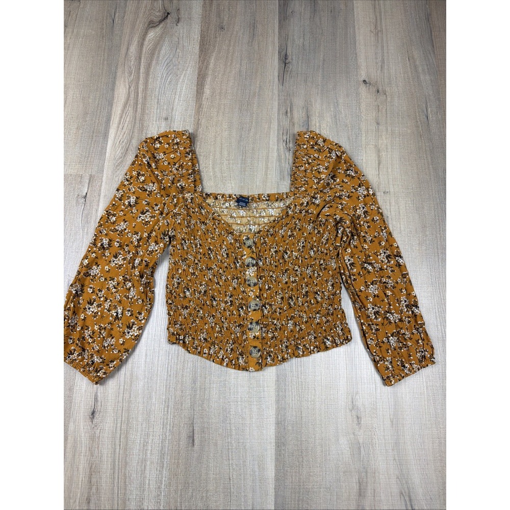 American Eagle Smocked Crop Top Medium Floral Boho 3/4 Sleeve Peasant Blouse